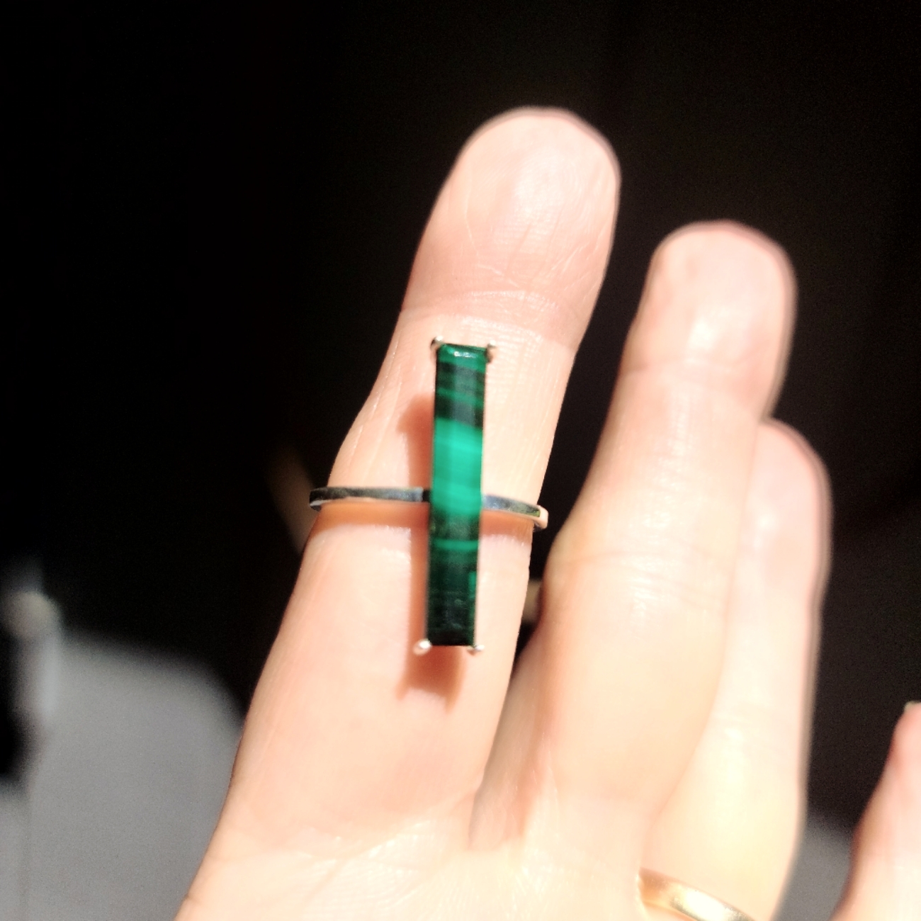 Malachite Long Baguette Sterling Silver Ring Sz7.5